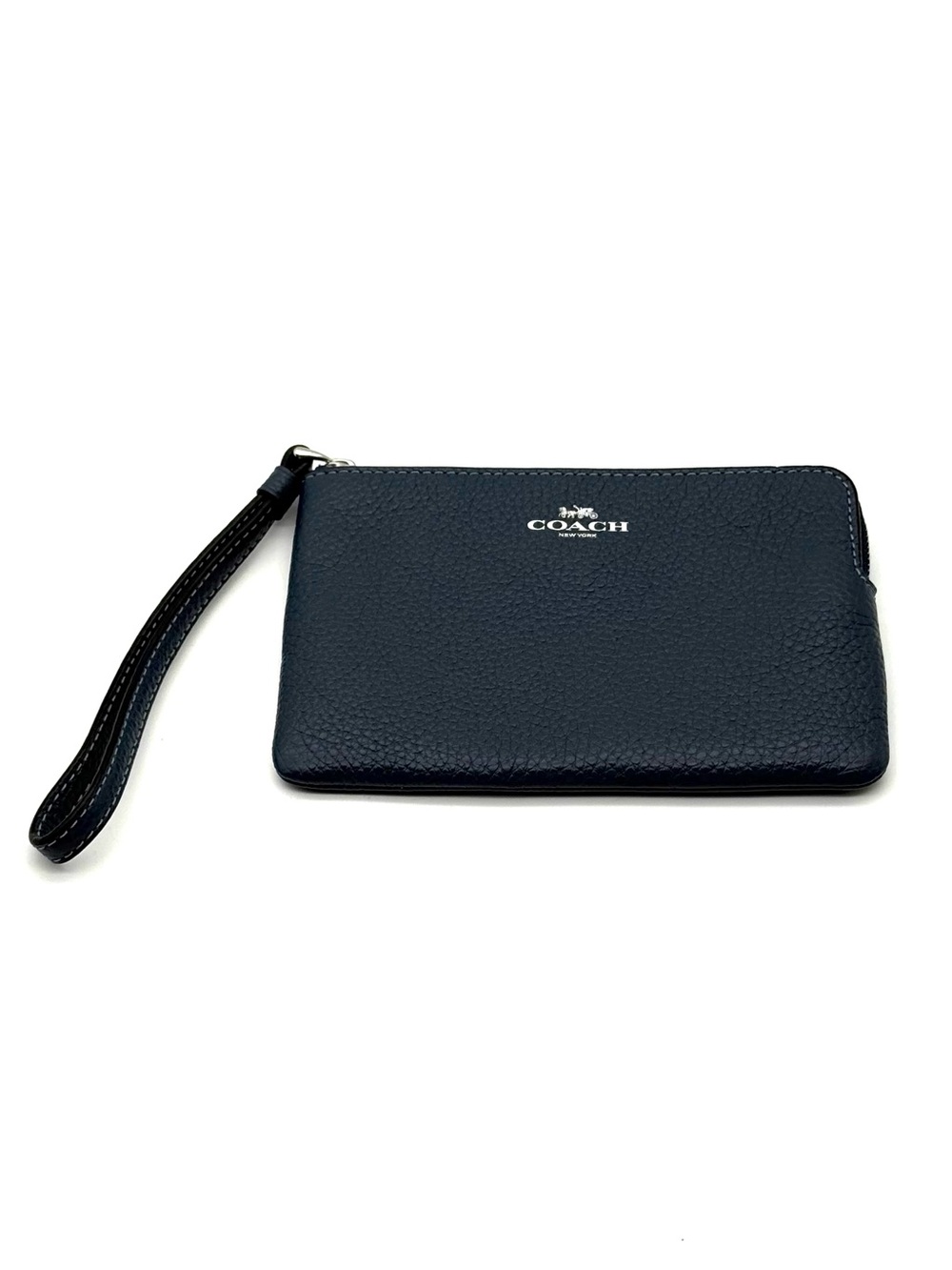Coach Pebble Leather Corner Zip Wristlet Navy Blue and Silver